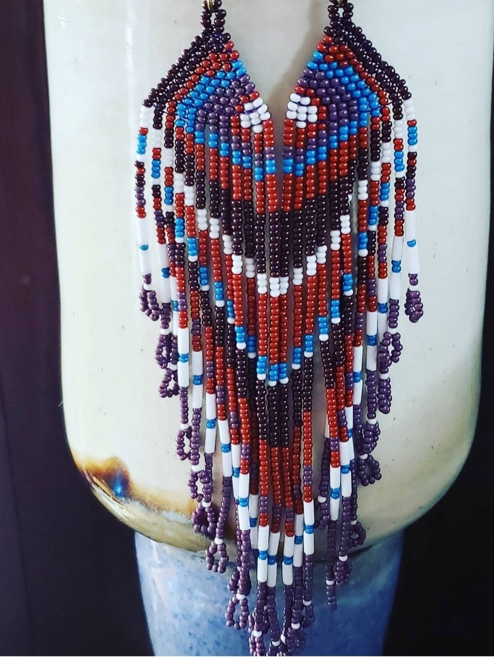 Handmade Beaded Fringe Earrings in Purple, Red, Turquoise & White